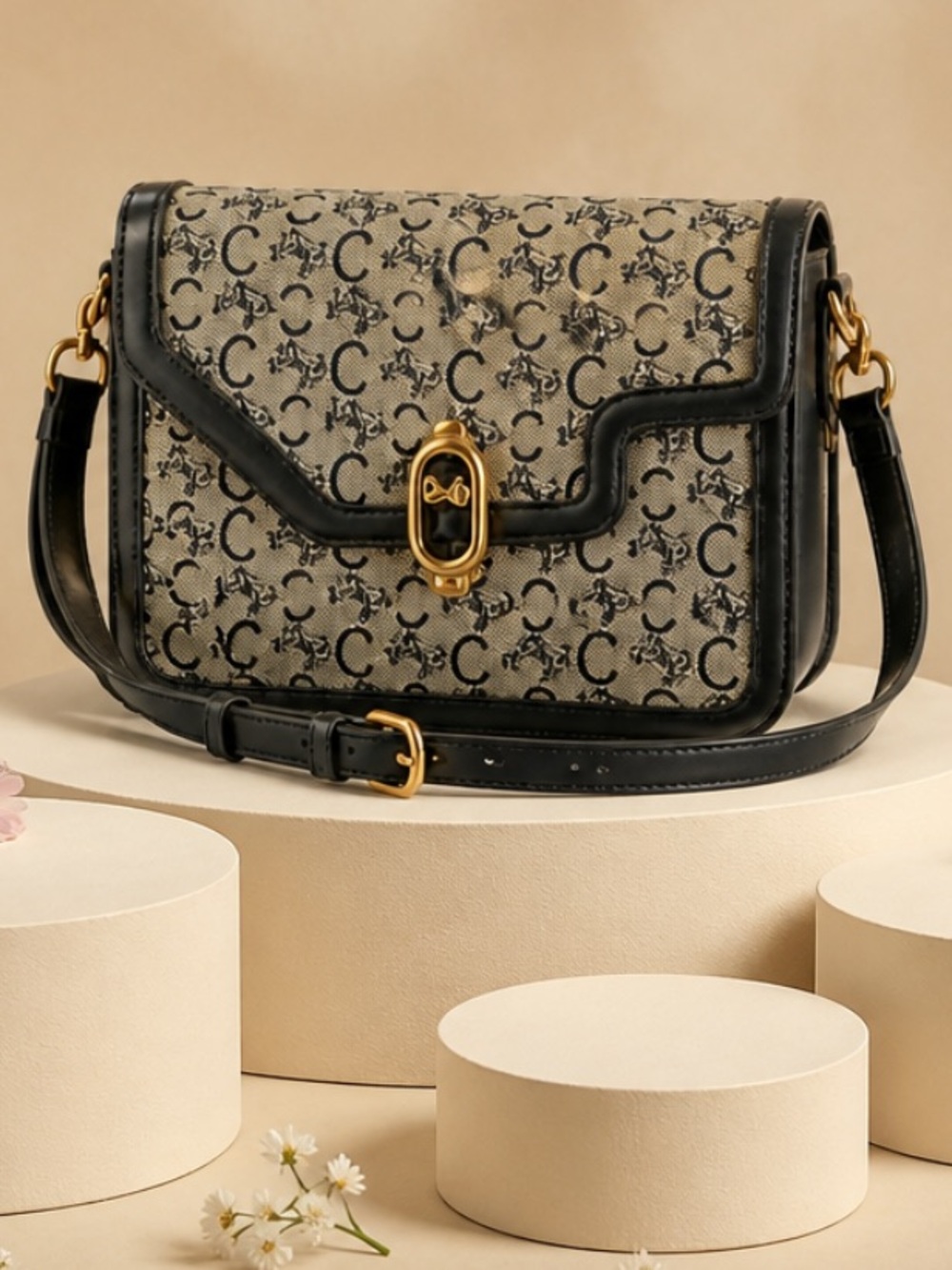 Authentic CELINE C Macadam Carriage Shoulder Bag.